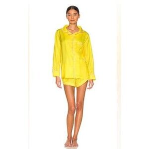 Revolve Plush Pajamas Women’s Yellow 2 Piece Set Button Up Top And Shorts $154